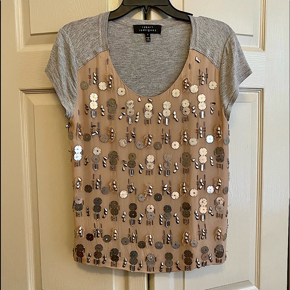 Robert Rodriguez Silk Blend Mixed Media Taupe and Grey Tee with Metallic